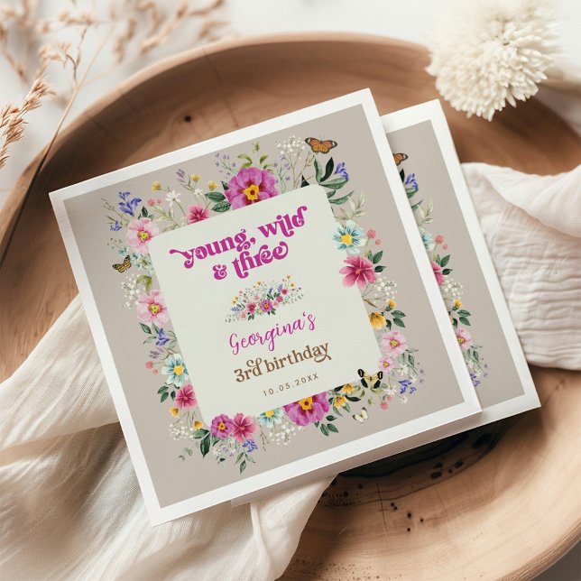 Young Wild & Three Boho Flower Garden Birthday Napkins (Creator Uploaded)