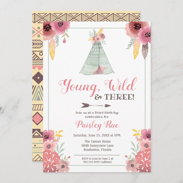 Young Wild & Three Boho Girls Third Birthday Invitation (Front/Back)