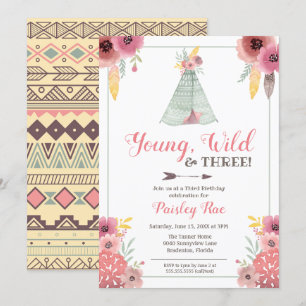 Young Wild & Three Boho Girls Third Birthday Invitation