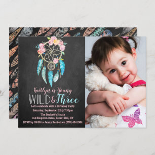 Young, Wild & Three Boho Photo Birthday Invitation