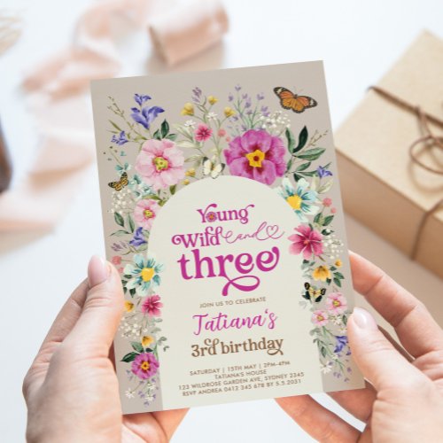 Young Wild  Three Boho Wildflower 3rd Birthday Invitation