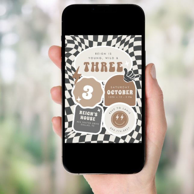 Young, Wild & Three | Boys 3rd Retro Birthday Invitation (Front Digital)