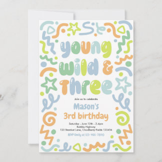 Young Wild & Three Confetti Balloon 3rd Birthday Invitation