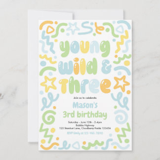 Young Wild & Three Confetti Balloon 3rd Birthday Invitation