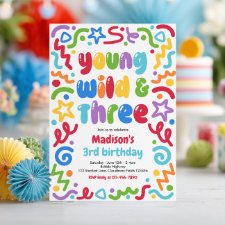 Young Wild & Three Confetti Balloon 3rd Birthday Invitation
