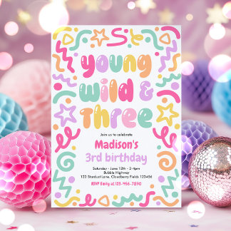 Young Wild & Three Confetti Balloon 3rd Birthday Invitation
