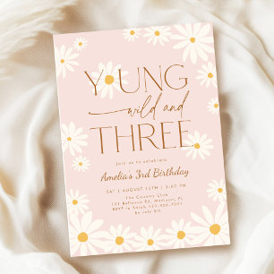 Young Wild Three Daisy Floral 3rd Birthday Invitation