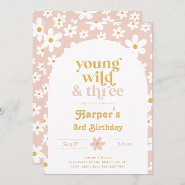 Young, Wild & Three Daisy Invitation | Daisies (Front/Back)
