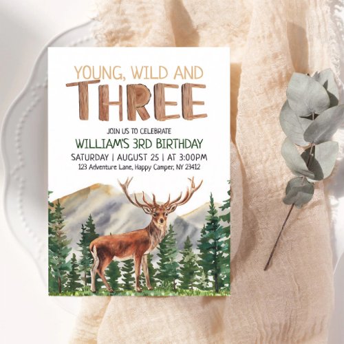 Young Wild Three Deer Boys 3rd Birthday Invitation