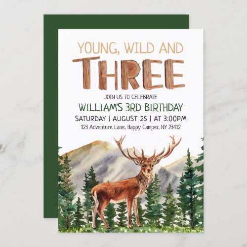 Young Wild  Three Deer Boys 3rd Birthday Invitation