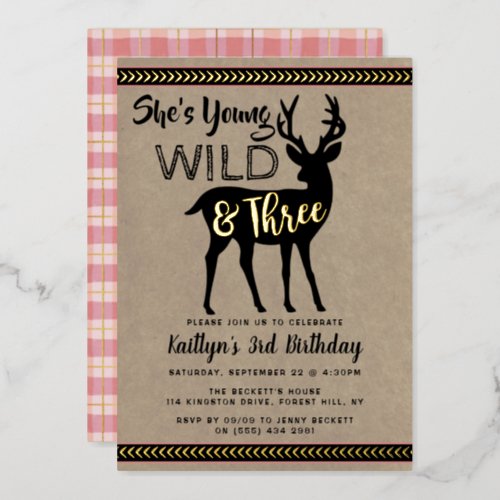 Young Wild  Three Deer Girls 3rd Birthday Real Foil Invitation