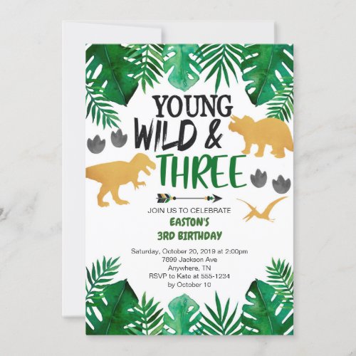 Young Wild  Three Dinosaur 3rd Birthday Invitatio Invitation