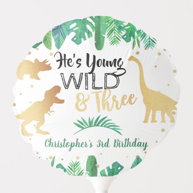 Young Wild & Three Dinosaur Boys 3rd Birthday Balloon (Front)