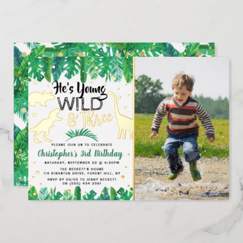 Young Wild  Three Dinosaur Boys 3rd Birthday Real Foil Invitation