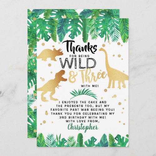 Young Wild  Three Dinosaur Boys Third Birthday Thank You Card