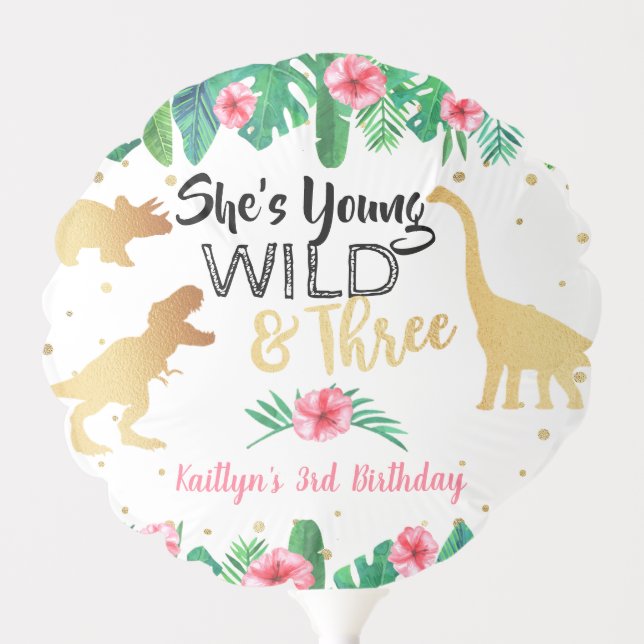 Young Wild & Three Dinosaur Girls 3rd Birthday Balloon (Front)