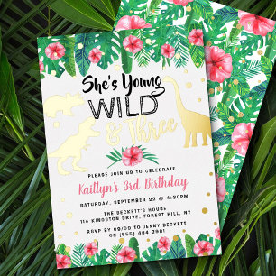 Young Wild & Three Dinosaur Girls 3rd Birthday Foil Invitation