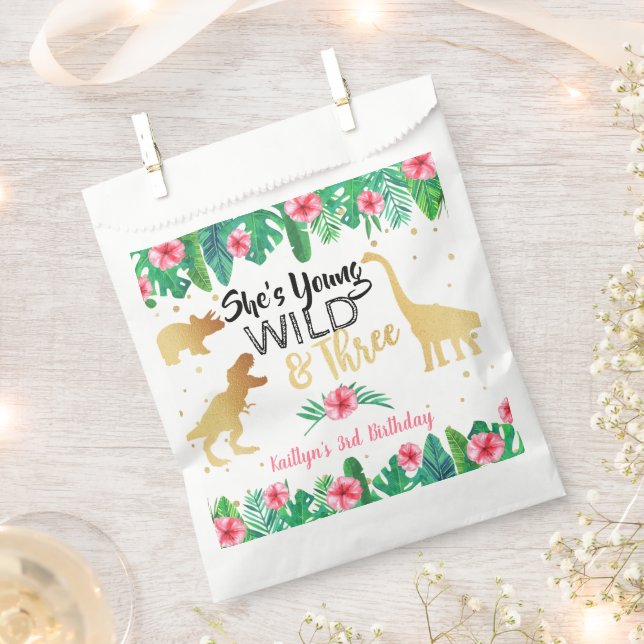 Young Wild & Three Dinosaur Girls Third Birthday Favor Bag (Clipped)