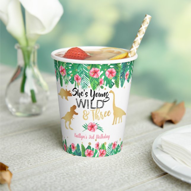 Young Wild & Three Dinosaur Girls Third Birthday Paper Cups (Insitu)