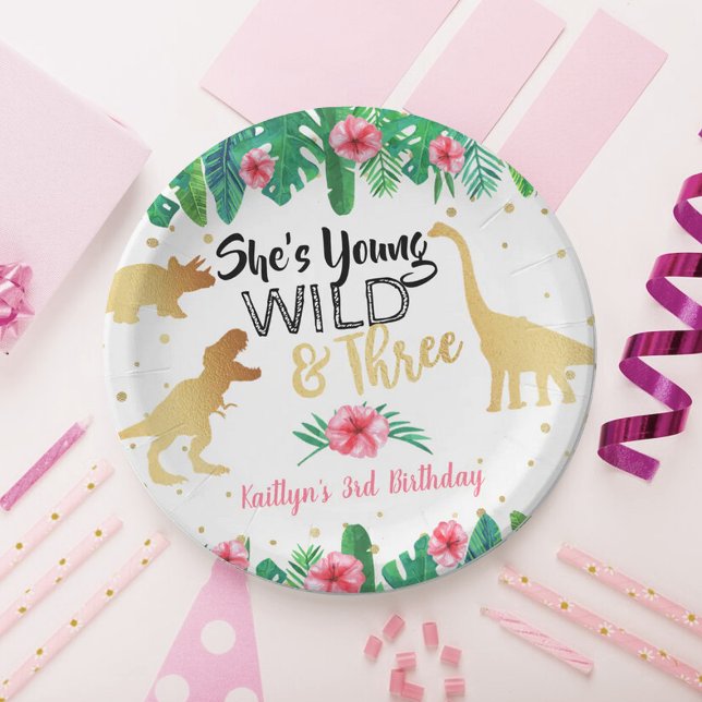 Young Wild & Three Dinosaur Girls Third Birthday Paper Plates (Creator Uploaded)