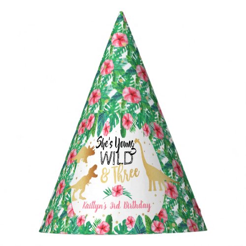 Young Wild  Three Dinosaur Girls Third Birthday Party Hat