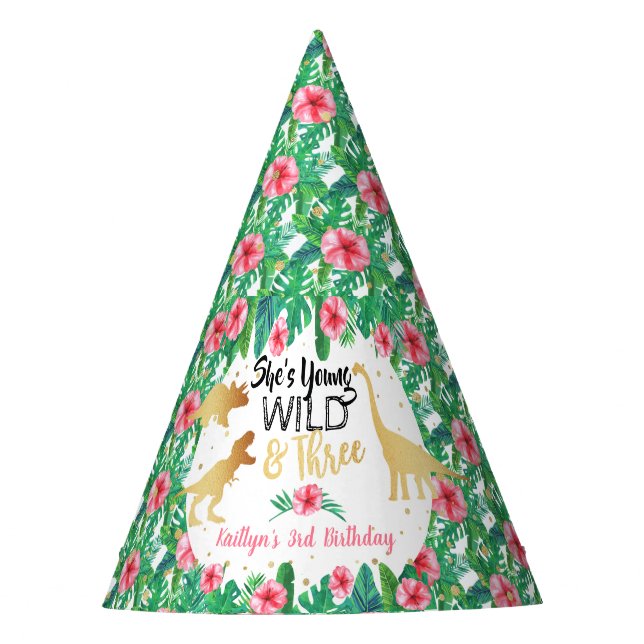 Young Wild & Three Dinosaur Girls Third Birthday Party Hat (Front)