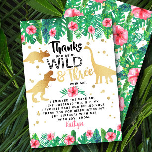 Young Wild & Three Dinosaur Girls Third Birthday Thank You Card