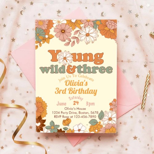 Young Wild Three Floral 3rd Birthday Invitation