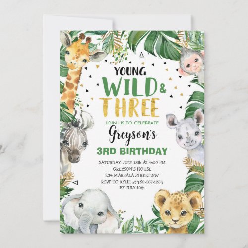 Young Wild  Three Floral Boy Jungle 3rd Birthday Invitation