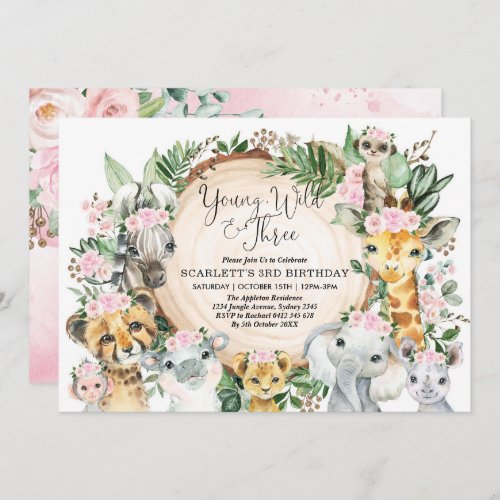 Young Wild  Three Floral Girl Jungle 3rd Birthday Invitation