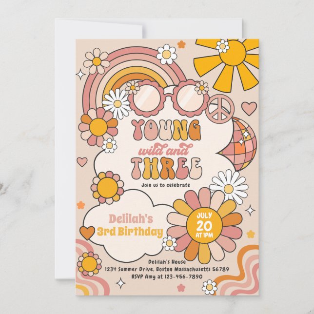 Young Wild & Three Flower Power Rainbow Birthday Invitation (Front)