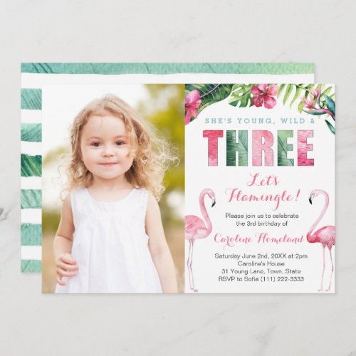 Young Wild THREE Girl 3rd Birthday Party Picture Invitation