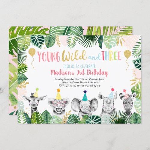 Young Wild  Three Girl Safari Birthday Invitation