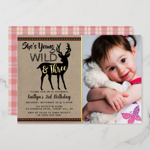 Young Wild  Three Girls Photo 3rd Birthday Real Foil Invitation