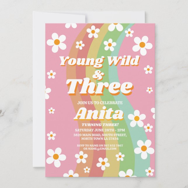 Young Wild Three Groovy 3rd Pink Girls Retro 1970s Invitation (Front)