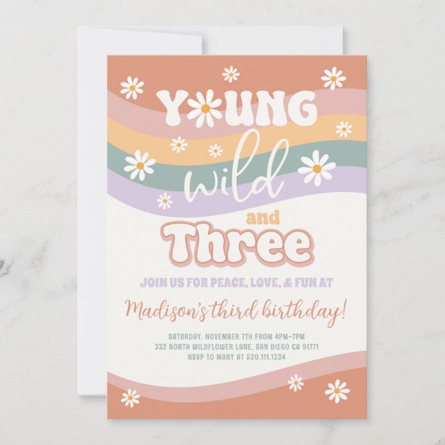Young Wild Three Groovy Daisy 3rd Birthday Invite (Front)