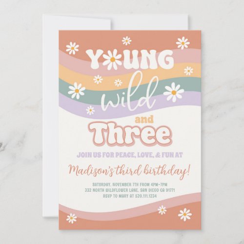 Young Wild Three Groovy Daisy 3rd Birthday Invite
