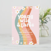 Young Wild Three Groovy daisy rainbow 3rd birthday Invitation (Standing Front)