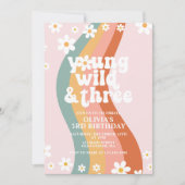 Young Wild Three Groovy daisy rainbow 3rd birthday Invitation (Front)