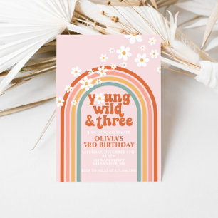 Young Wild Three Groovy daisy rainbow 3rd birthday Invitation