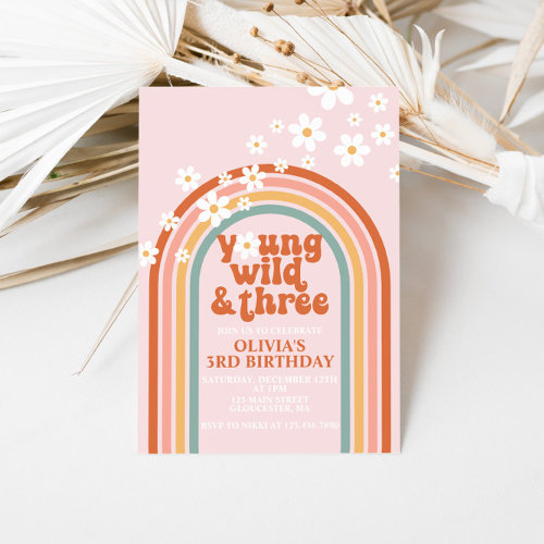 Young Wild Three Groovy daisy rainbow 3rd birthday