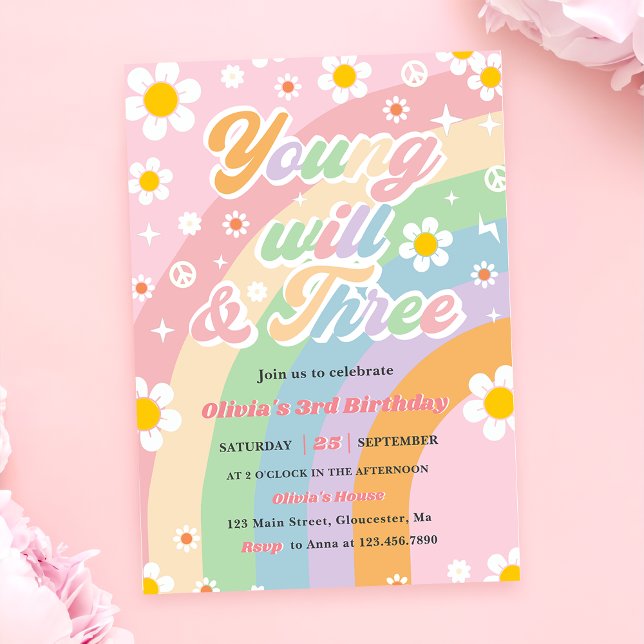 Young Wild Three Groovy Daisy Rainbow 3rd Birthday Invitation (Creator Uploaded)