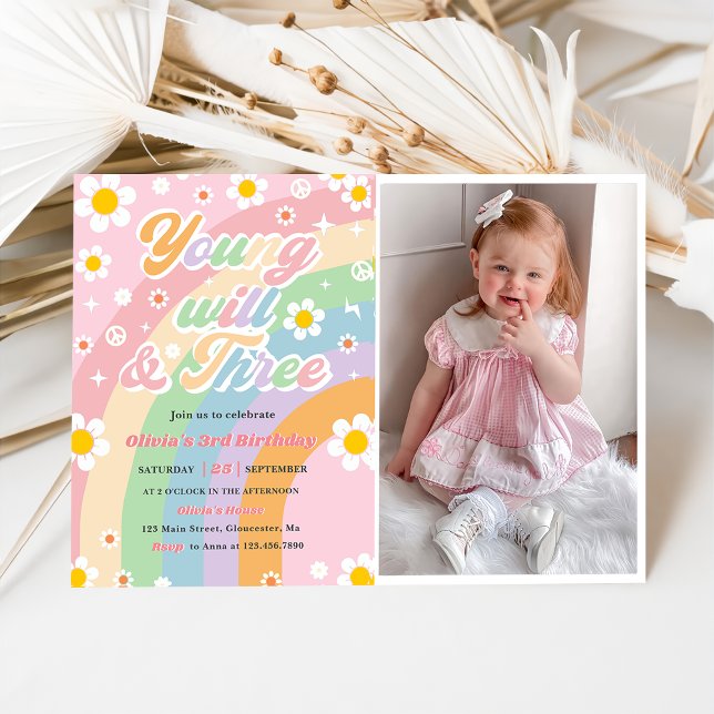 Young Wild Three Groovy Daisy Rainbow 3rd Birthday Invitation (Creator Uploaded)