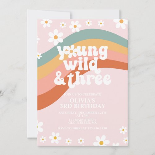 Young Wild Three Groovy daisy rainbow 3rd birthday Invitation