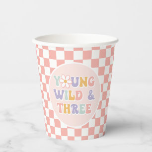 Young Wild Three Groovy Pink Daisy Checker Paper Cups