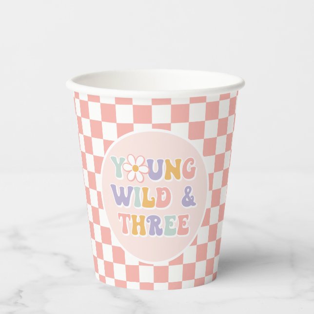 Young Wild Three Groovy Pink Daisy Checker Paper Cups (Front)