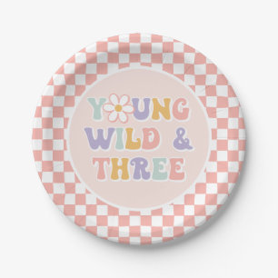 Young Wild Three Groovy Pink Daisy Checker Paper Plates