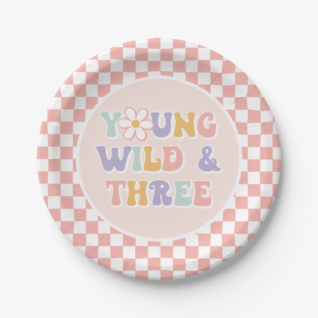 Young Wild Three Groovy Pink Daisy Checker Paper Plates (Front)