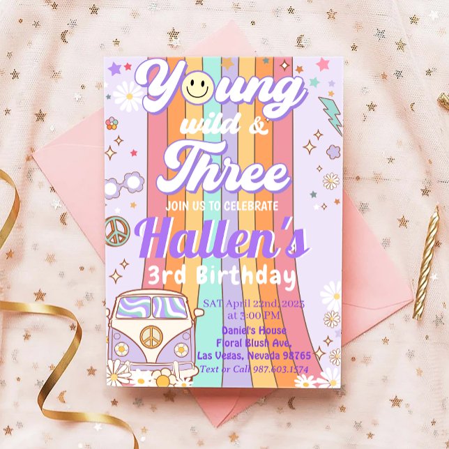 Young Wild & Three Groovy Rainbow 3rd Birthday Invitation (Creator Uploaded)