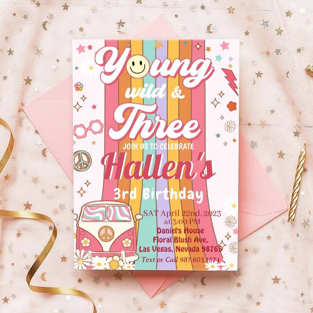Young Wild & Three Groovy Rainbow 3rd Birthday Invitation (Creator Uploaded)